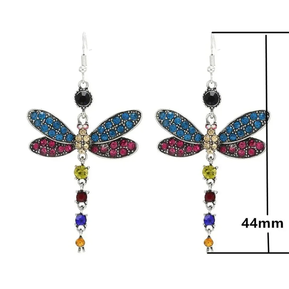 Multi Color Dragonfly Crystal Rhinestone Silver Plated Hook Earrings, V…